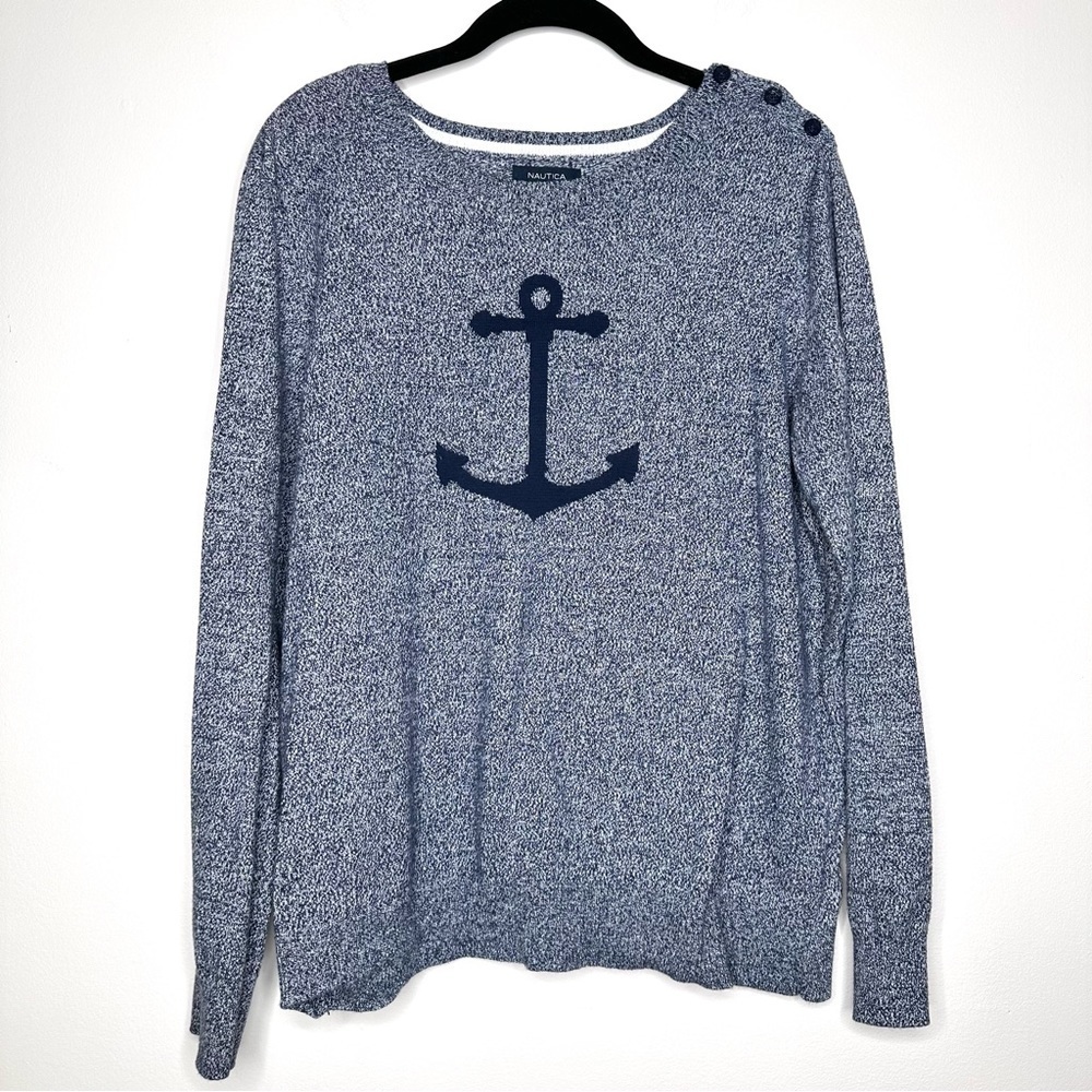 Nautica Sweater Nautical Sweater LS Top Pullover Blue Marled Anchor